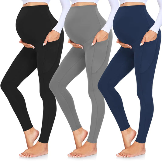 GROTEEN 3 Pack Women’s Maternity Leggings – Over The Belly with Pockets Yoga Pants X-Large 01b-black/Navy Blue/Dark Gray